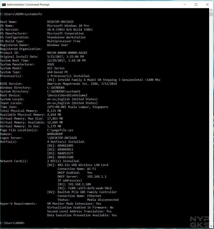 computer specs list - command prompt
